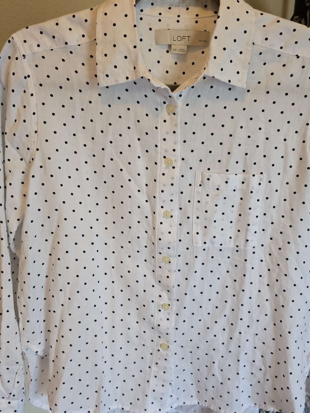 LOFT White Button-Down Shirt with Black Polka Dots